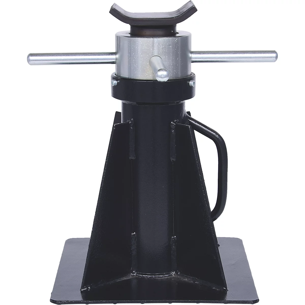 Schwarze Rangierwagenheber-Stütze. Ein Stahlträger, der auf einer quadratischen Basis steht. Der obere Teil hat eine gekrümmte Auflage.